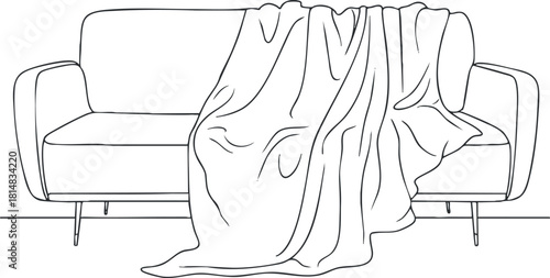 Minimalist line art vector illustration of a cozy sofa with a draped blanket, perfect for interior design concepts.