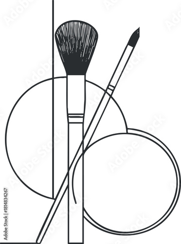 Minimalist black and white vector illustration of makeup brushes and tools designed for beauty and fashion concepts