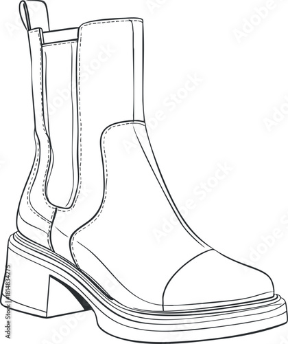 Outline vector illustration of a modern ankle boot design featuring a chunky heel, suitable for fashion branding and apparel projects