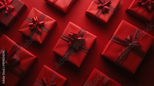 Beautifully Wrapped Red Gifts on a Vivid Red Background Creating a Festive At...
