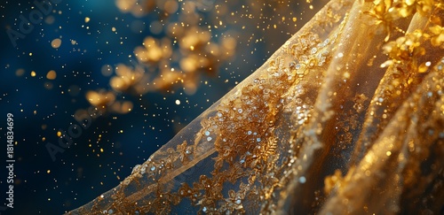Golden Fabric With Intricate Details Surrounded by Sparkling Glitter in a Dre...