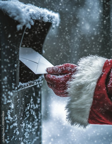 Santa Claus Delivering a Letter to a Decorated Mailbox in a Snowy Forest