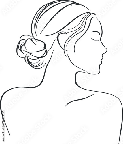 Elegant minimalist line art illustration of a woman's profile with a stylish hair bun, perfect for beauty and fashion branding.