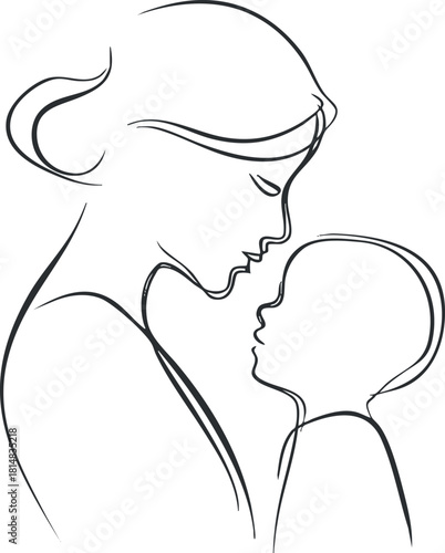 Minimalist line art illustration of a mother and child sharing a tender moment of affection and connection