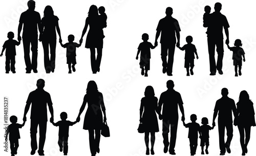 Walking family, parent child, silhouette group, black vector, family bond, lifestyle icon, people together, outdoor scene, flat vector illustration