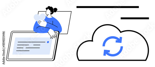Woman embracing heart near laptop screen highlights cloud with synchronization arrows. Ideal for data backup, emotional connection, cloud services, innovation, technology, remote work, digital