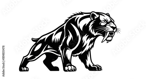 Powerful saber toothed tiger prowling with menacing expression and sharp fangs.
