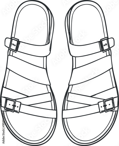 Outline vector illustration of stylish sandals with straps and buckles, ideal for fashion and summer-themed designs