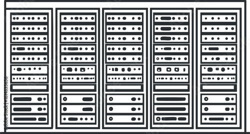 Stylized vector illustration of a server rack, showcasing multiple servers in a modern flat design for technology and IT concepts
