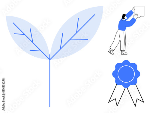 Sustainability concept. Sustainability illustrated with a minimalist leaf, certification badge, and a character reaching for success. Sustainability and achievements for eco-friendly goals