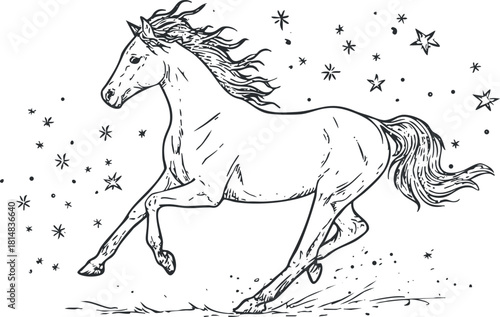 Whimsical line art illustration of a galloping horse surrounded by stars, perfect for fantasy-themed design projects
