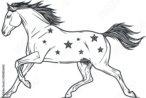 Stylized black and white vector illustration of a running horse adorned with stars, perfect for children's design projects.