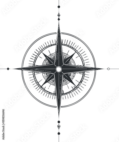 Ornate black and white vector illustration of a compass design for navigation and travel-themed projects