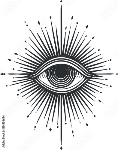 Intricate black and white vector illustration of an eye surrounded by a sunburst pattern for mystical and spiritual themes