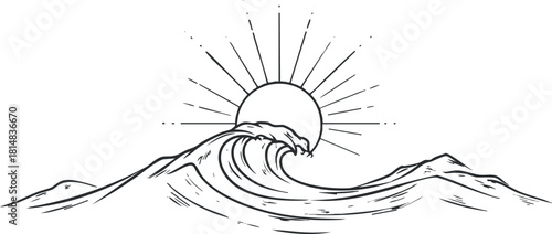 Stylized line art illustration of ocean waves and sun, perfect for coastal-themed designs and nature projects