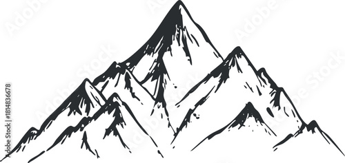 Hand-drawn black and white vector illustration of a majestic mountain range, perfect for outdoor adventure and nature-themed projects