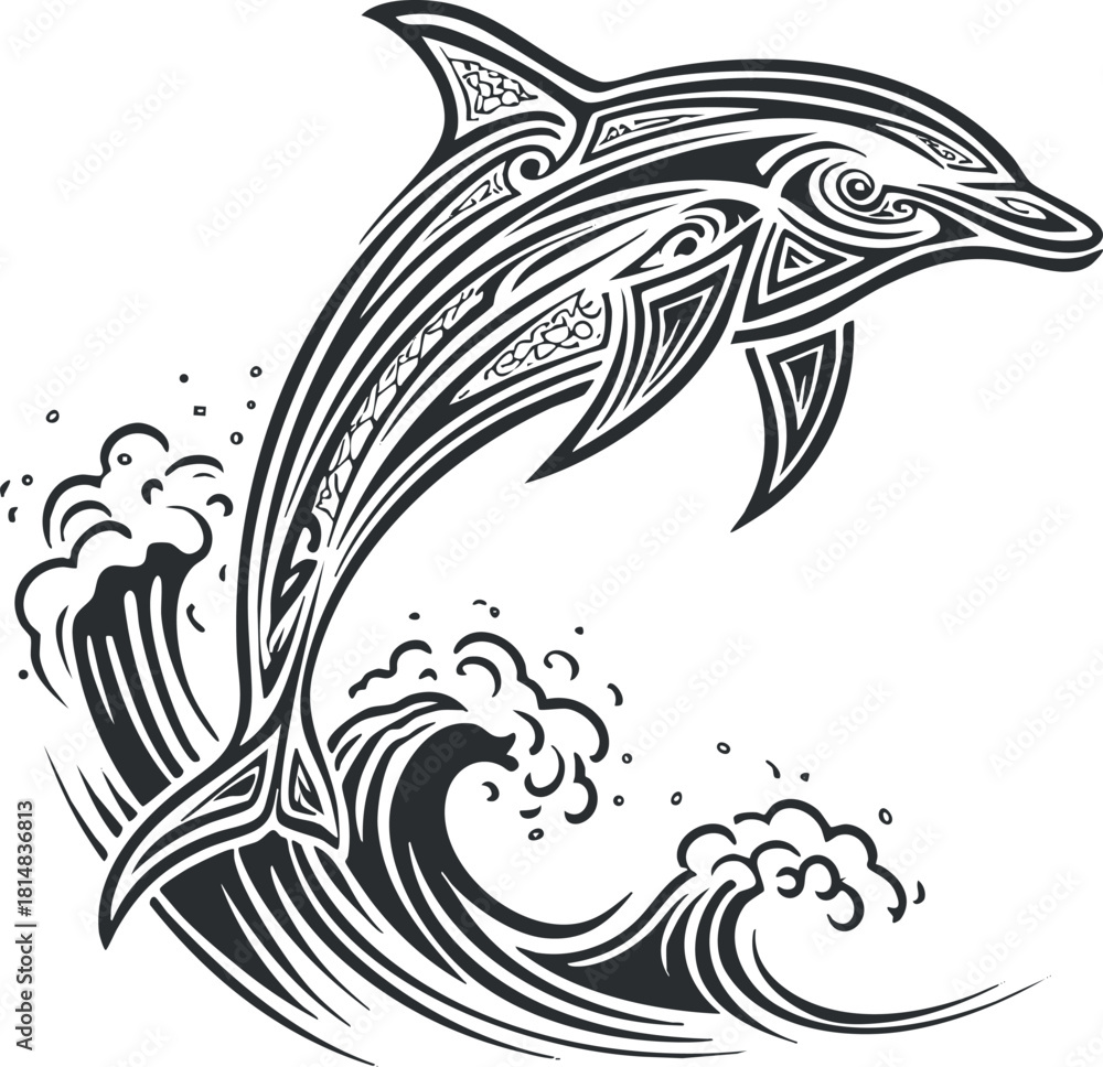 Fototapeta premium Stylized black and white vector illustration of a dolphin jumping over ocean waves, ideal for marine-themed designs and artwork