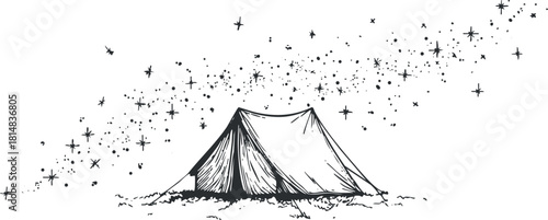 Hand-drawn vector illustration of a camping tent with sparkling stars, perfect for outdoor adventure themes and travel design projects