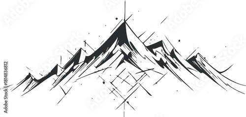 Stylized black and white vector illustration of mountain peaks with abstract geometric details for design and branding projects