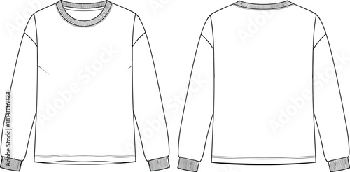 Technical flat sketch, crewneck sweatshirt, long sleeve, fashion illustration, garment design, ribbed cuffs, drop shoulder, apparel template, vector drawing, clothing blueprint