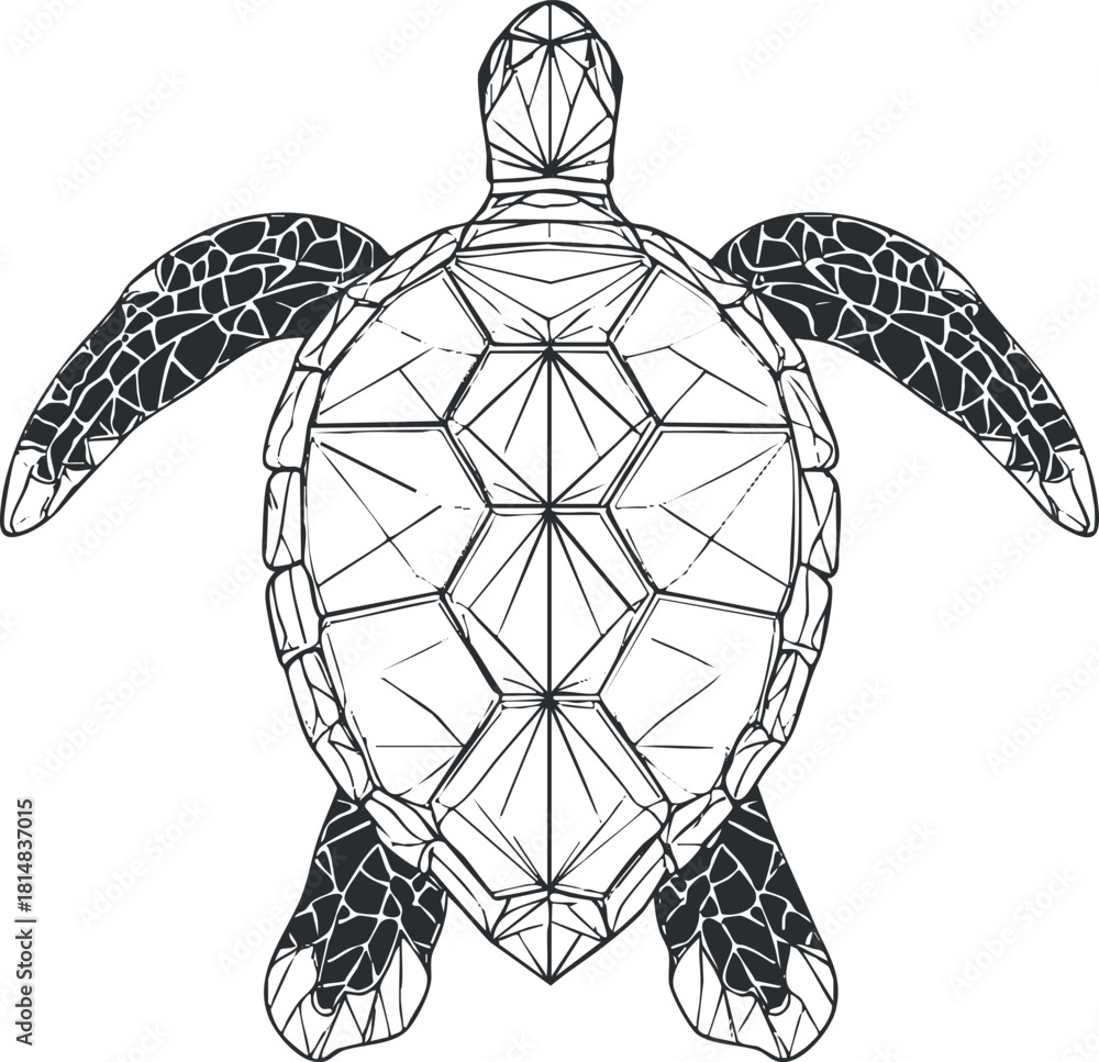 Fototapeta premium Geometric black and white vector illustration of a turtle, suitable for nature-themed design projects and artwork.