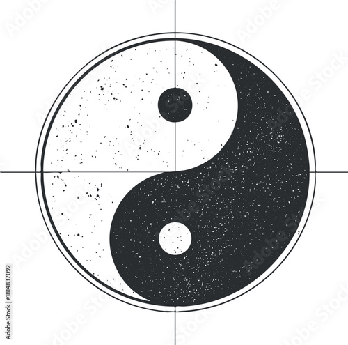 Stylized minimalist black and white vector illustration of the yin yang symbol representing balance and harmony.