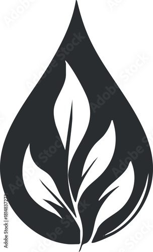 Modern black and white vector illustration of a water drop integrated with stylized leaves, ideal for eco-friendly design projects.