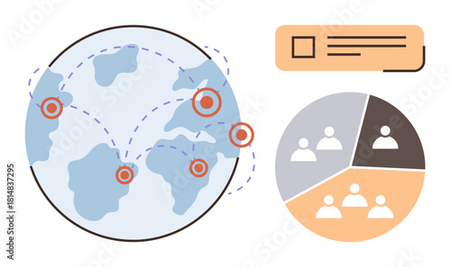 Map with marked global locations, connecting lines, and a pie chart with groups of people. Ideal for themes thumbs up teamwork, networking, globalization, analysis, data-sharing, collaboration