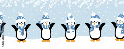 Happy Penguins Enjoy Winter Holidays. Christmas Seamless Border. Funny Penguins in Blue Hats, Scarves. Cute Animals under Fir Tree Branches, Snowing. Vector illustration in Blue, White, Black
