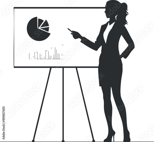 Silhouette vector illustration of a businesswoman presenting data on a board, ideal for corporate and marketing themes