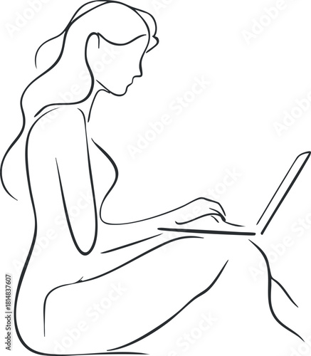 Minimalist line art illustration of a woman working on a laptop, ideal for remote work and digital lifestyle concepts
