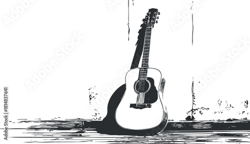 Stylish black and white vector illustration of an acoustic guitar, perfect for music-themed designs and artistic projects
