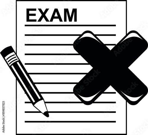 vector illustration drawing black and white icon pen, exam and cross, in disapproved evaluation concept