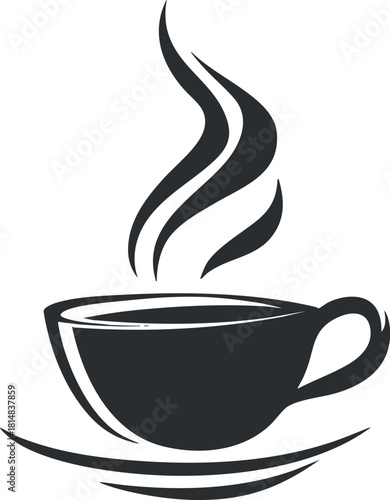 Stylized black and white vector illustration of a steaming coffee cup, perfect for beverage branding and cafe design projects