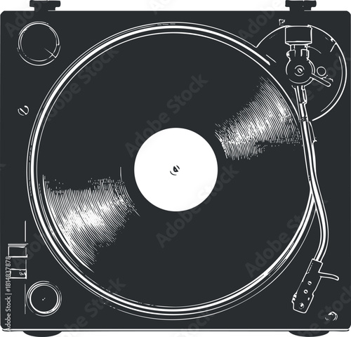 Vintage vector illustration of a turntable with a vinyl record, ideal for music-themed design projects and retro aesthetics
