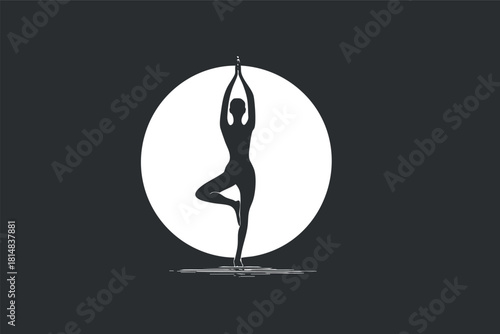 Minimalist black and white vector illustration of a yoga pose silhouette against a large moon, perfect for wellness branding and design.