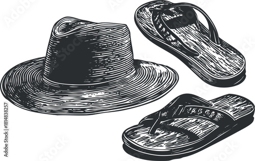 Stylish black and white vector illustration of summer beach accessories including a sunhat and flip-flops for vacation themes