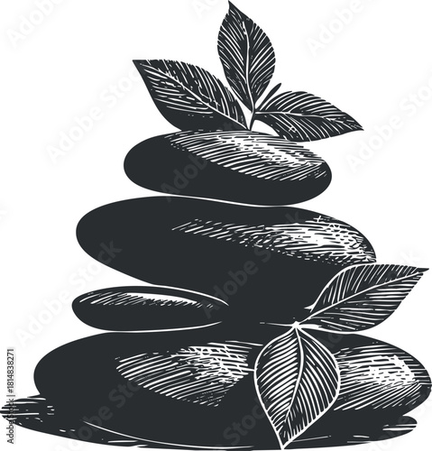 Stylized black and white vector illustration of stacked stones with leaves, ideal for wellness and spa branding.