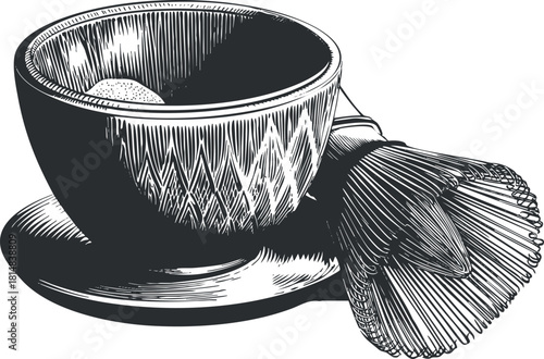 Vintage hand-drawn vector illustration of a tea cup and whisk, perfect for kitchen and beverage design projects