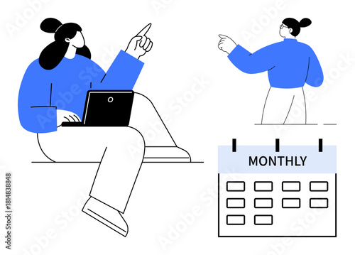 Woman sitting with a laptop, pointing upward, and gesturing at a monthly calendar. Ideal for time management, productivity, scheduling, organization, goal planning, task tracking simple flat