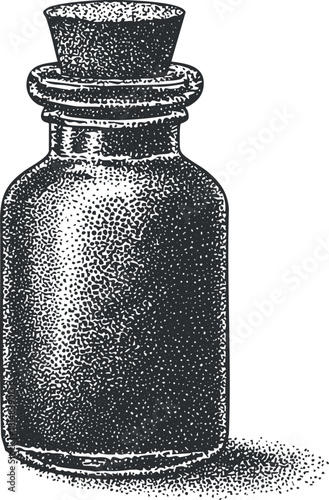 Vintage black and white vector illustration of a glass bottle with a cork stopper for branding and design projects