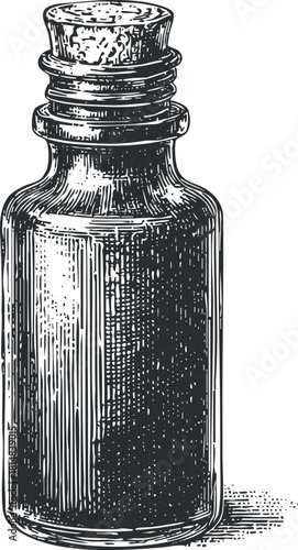 Detailed vintage sketch of a glass bottle with a cork stopper, ideal for illustrating health or medicinal concepts.