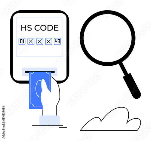 Hand inserting payment beneath HS code, large magnifying glass, simple cloud design. Ideal for business, trade, finance, taxation, e-commerce logistics customs. Flat illustration with simple flat