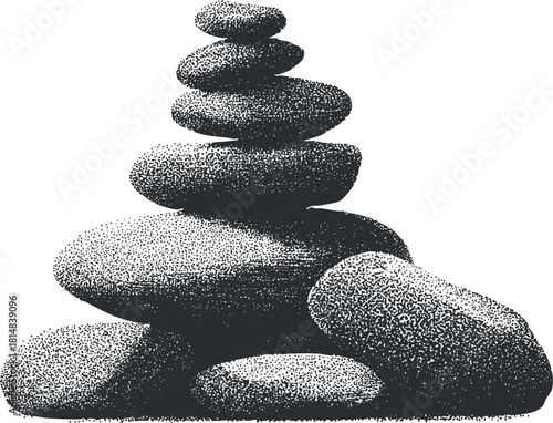 Black and white vector illustration of stacked stones symbolizing balance and tranquility for wellness and spa concepts