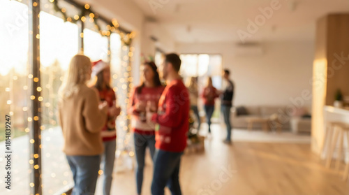 Bright and warm abstract background for text with silhouettes of people celebrating winter holidays