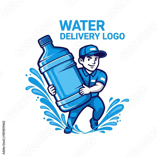 Water Delivery Worker Carrying Large Bottle Logo