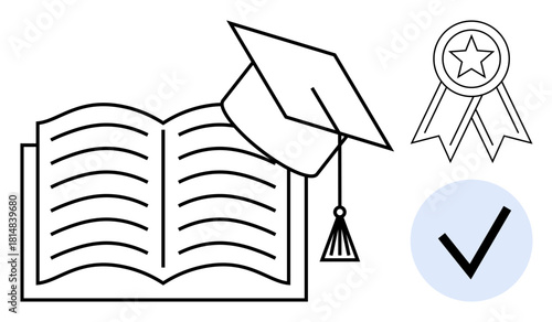 Open book, graduation cap resting on pages, ribbon with star, and checkmark. Ideal for education, achievement, accreditation, learning goals certification and success themes. Simple flat metaphor