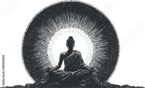Detailed black and white vector illustration of a meditating Buddha surrounded by a radiant circular design, ideal for spiritual and wellness projects