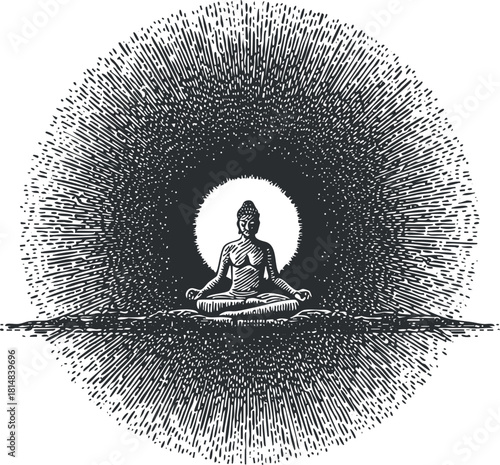 Intricate black and white vector illustration of a meditating Buddha surrounded by radiant energy, perfect for wellness and spiritual contexts
