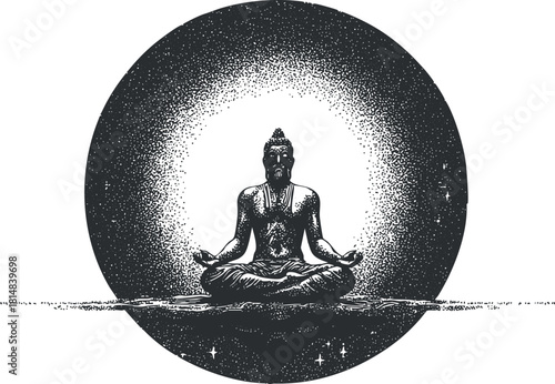 Monochrome vector illustration of a meditating Buddha surrounded by a cosmic circle, ideal for spiritual and wellness themes